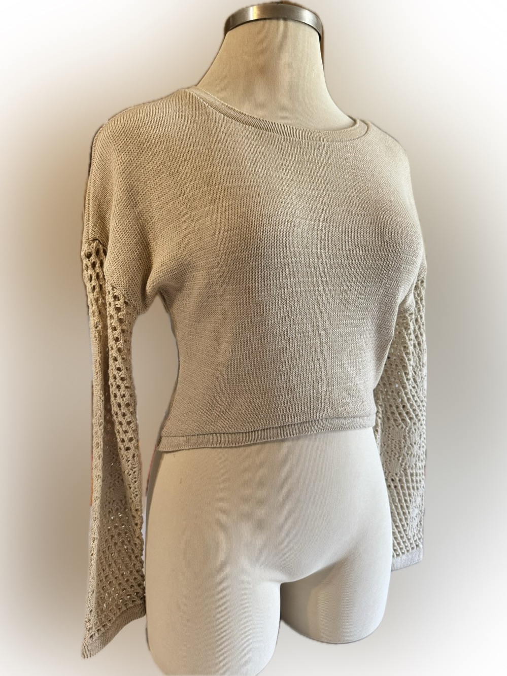 Boohoo Cropped Crewneck Sweater with Crochet Sleeves in Light Beige size Medium